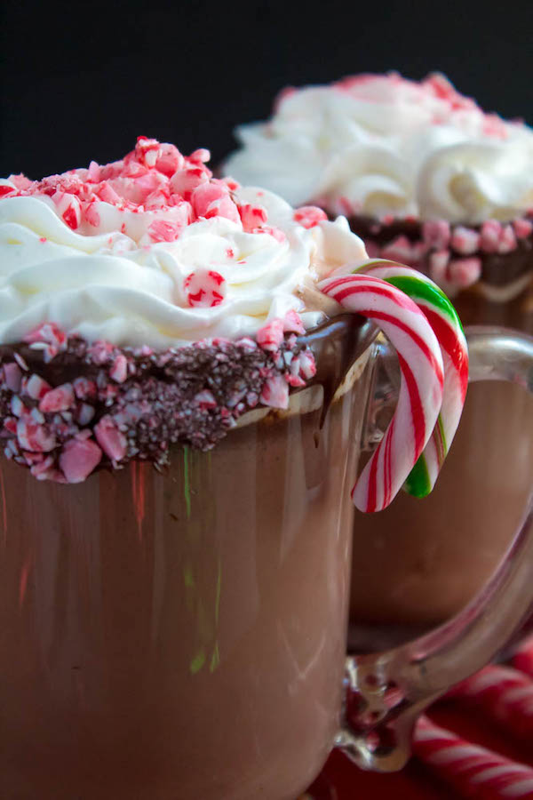 This Candy Cane Hot Chocolate is a warm and cozy Holiday drink perfect for warming up to the cold weather. With a candy cane lined rim, peppermint hot chocolate filled with crushed candy canes, and a peppermint whipped cream topping, this drink screams Christmas! 