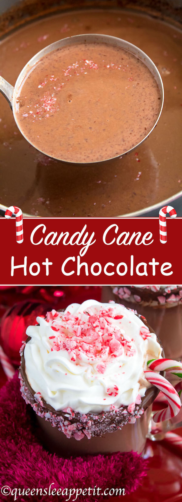This Candy Cane Hot Chocolate is a warm and cozy Holiday drink perfect for warming up to the cold weather. With a candy cane lined rim, peppermint hot chocolate filled with crushed candy canes, and a peppermint whipped cream topping, this drink screams Christmas! 