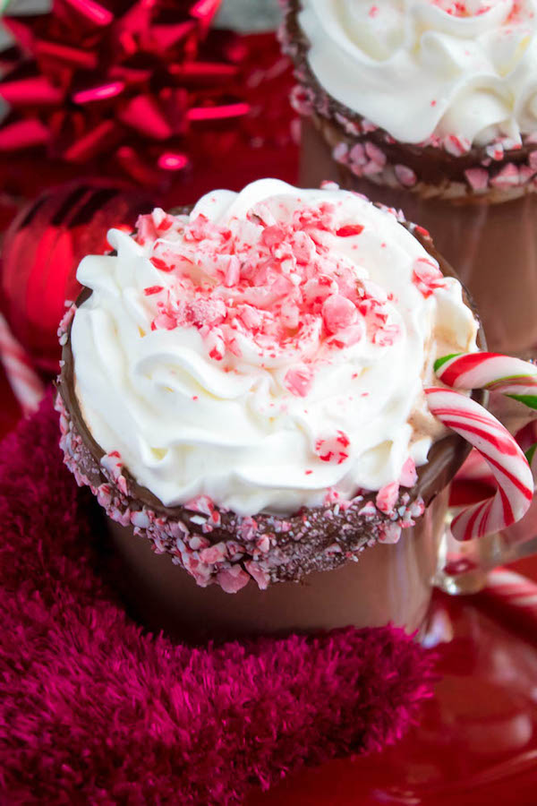 This Candy Cane Hot Chocolate is a warm and cozy Holiday drink perfect for warming up to the cold weather. With a candy cane lined rim, peppermint hot chocolate filled with crushed candy canes, and a peppermint whipped cream topping, this drink screams Christmas! 