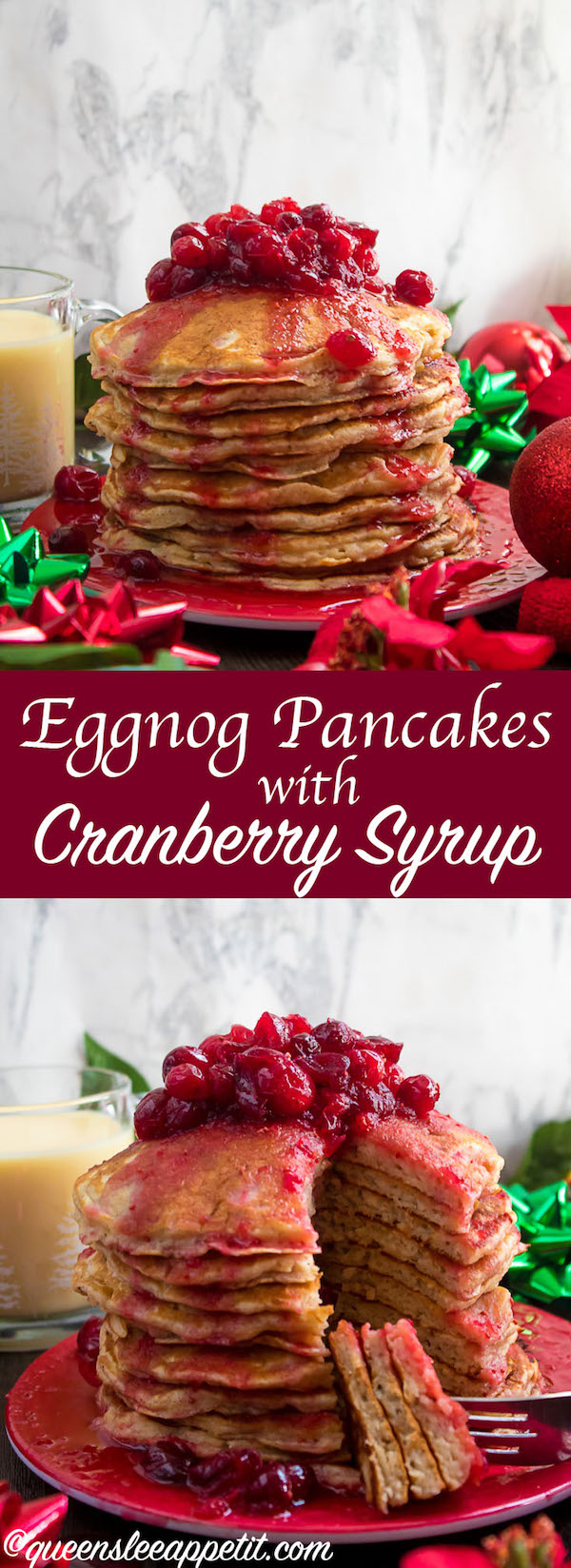 These fluffy, golden Eggnog Pancakes are spiked with rum and have a delicious Eggnog flavour. Top this stack of Christmas flapjacks with fresh cranberry syrup for a delightful holiday breakfast!