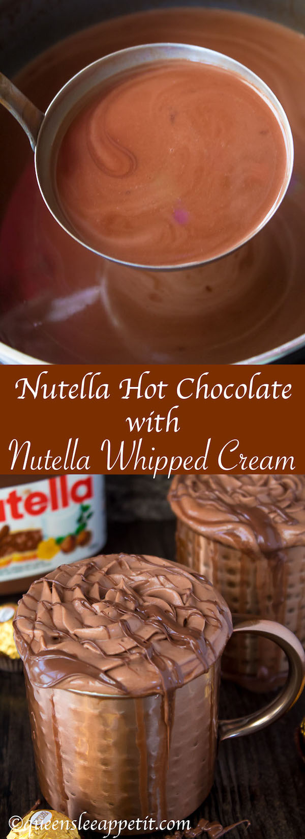 Nutella lovers gather around! This Nutella Hot Chocolate is thick, rich, creamy and decadent! Topped with Nutella Whipped Cream, melted Nutella, chopped hazelnuts and Ferrero Rochers — this is the ultimate drink for every Nutella fanatic!