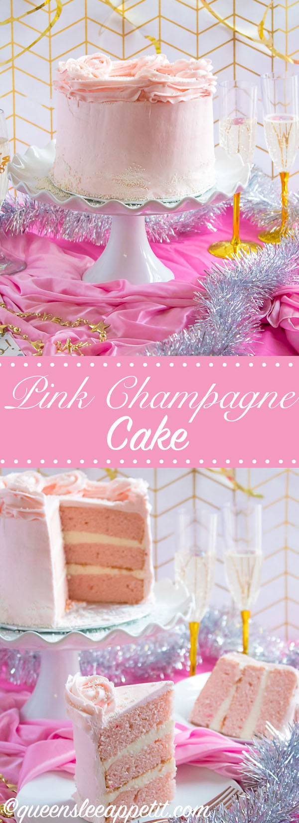 This Pink Champagne Cake is the perfect way to celebrate New Years Eve. Layers of Champagne infused cake, filled with a Champagne infused Buttercream and frosted with a light and fluffy vanilla buttercream — there's no better way to start the new year!