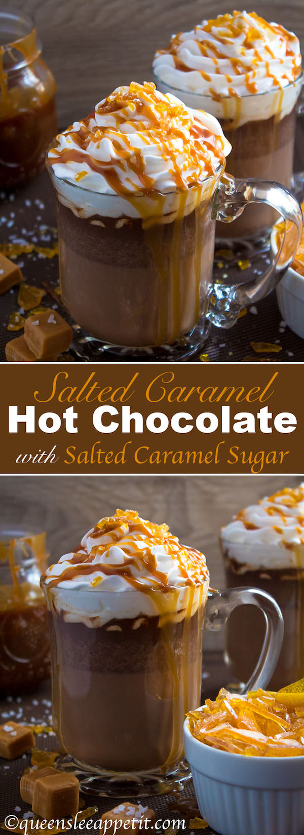 Salted Caramel Hot Chocolate - sweet and salty caramel hot chocolate, topped with sweetened whipped cream, salted caramel sauce and homemade salted caramel sugar! This is the perfect drink for warming up during the cold winter months.