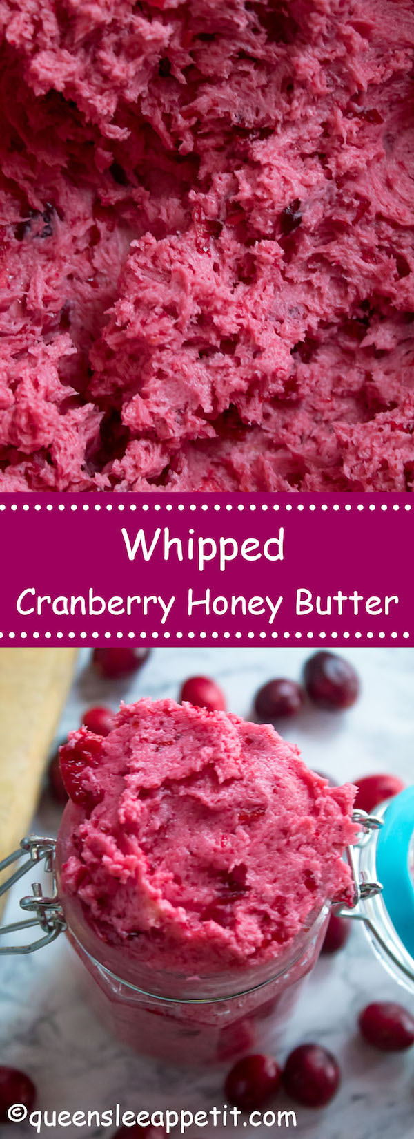 This Whipped Cranberry Honey Butter is sweet, tart, fruity and simple to make. It's perfect on toast, raisin bread, scones, dinner rolls, bagels and so much more!