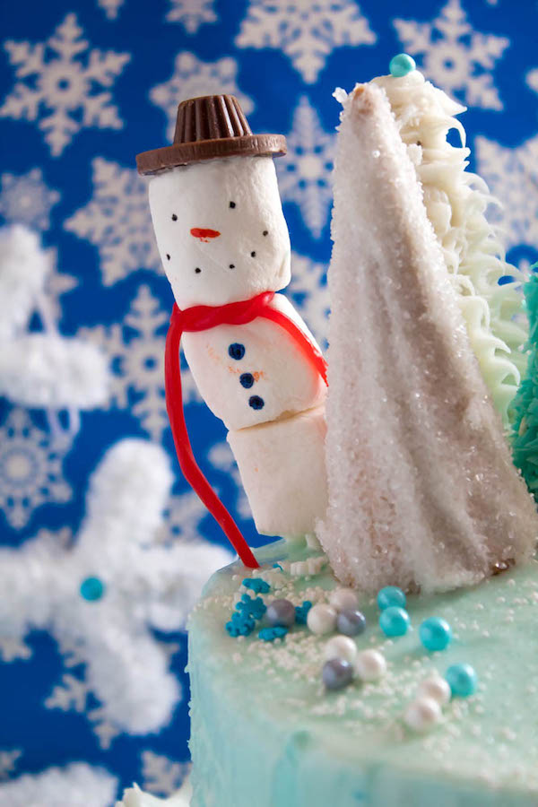 This Winter Wonderland Cake has all the magic and beauty of winter inside a cake! With a wintery white and blue theme, marshmallow snowmen, sugar cone Christmas trees and a powdered sugar snow drip, this is the perfect dessert for your Winter Wonderland themed party!