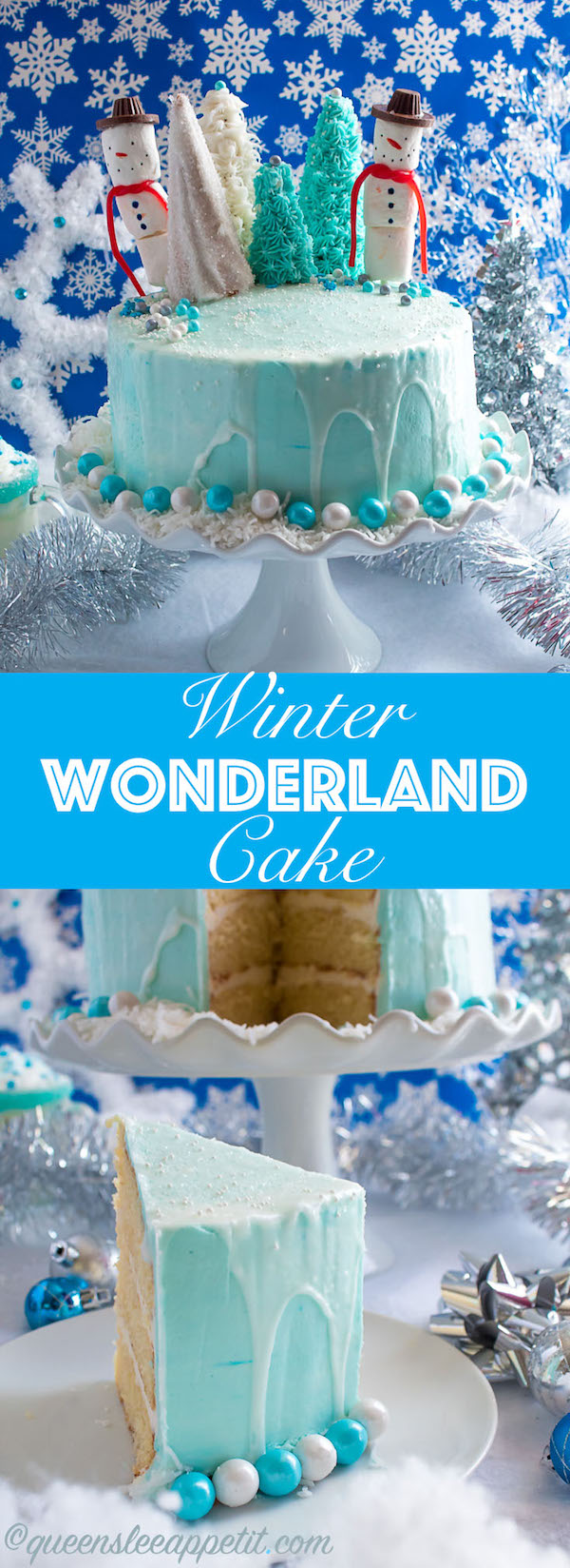This Winter Wonderland Cake has all the magic and beauty of winter inside a cake! With a wintery white and blue theme, marshmallow snowmen, sugar cone Christmas trees and a powdered sugar snow drip, this is the perfect dessert for your Winter Wonderland themed party!