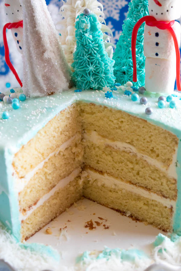 This Winter Wonderland Cake has all the magic and beauty of winter inside a cake! With a wintery white and blue theme, marshmallow snowmen, sugar cone Christmas trees and a powdered sugar snow drip, this is the perfect dessert for your Winter Wonderland themed party!