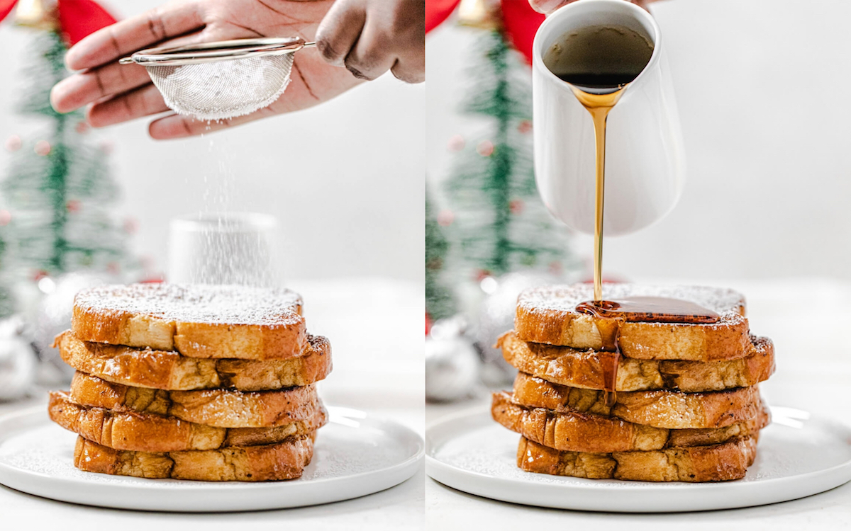 dusting powdered sugar and pouring maple syrup onto stack of French toast