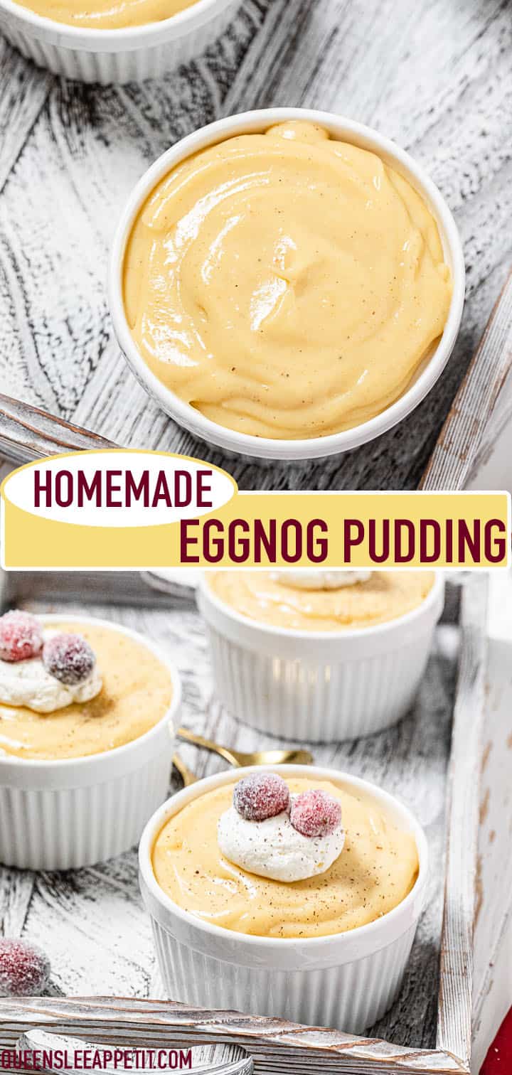Two photo collage of pudding with recipe title in the middle