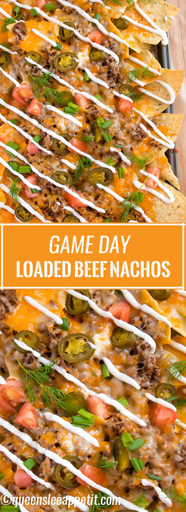 These tasty Nachos are loaded with taco-seasoned ground beef, jalapeños, 2 different cheeses and so much more! Serve them at your Superbowl party, movie night, or any occasion!