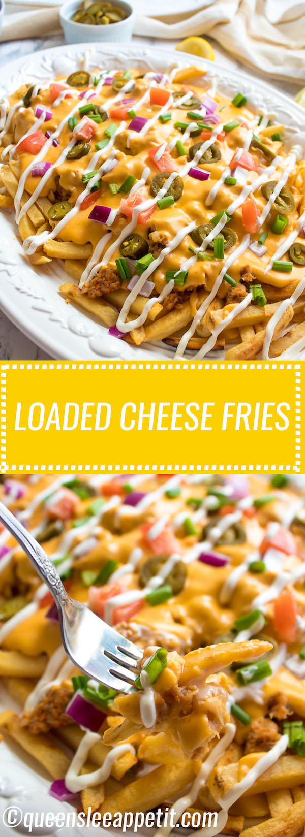 These Loaded Cheese Fries are guaranteed to be a crowd pleaser! Crisp french fries loaded with hot Italian sausage, jalapeños, red onions, green onions, tomatoes, sour cream and a creamy and delicious cheese sauce!