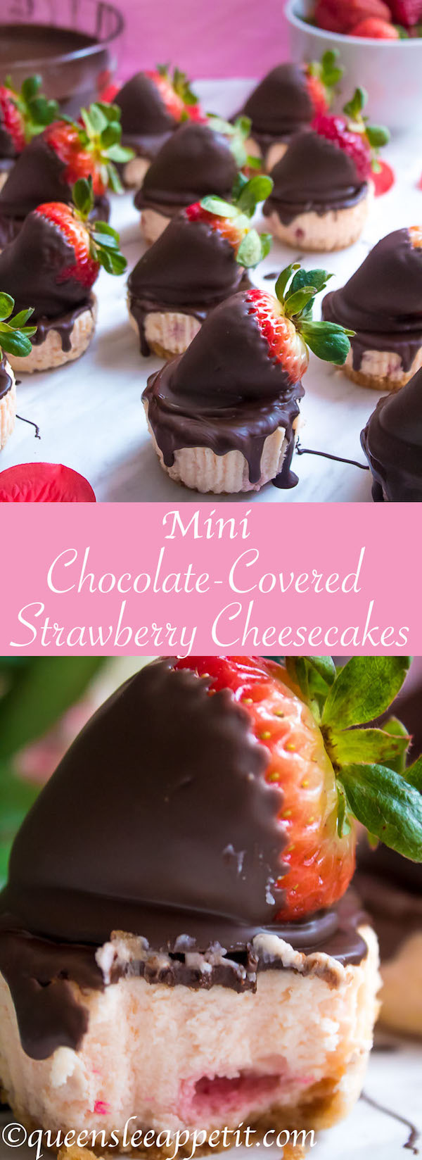 These Mini Chocolate Covered Strawberry Cheesecakes are made with a creamy bite-sized strawberry cheesecake and juicy chocolate covered strawberries. These are the perfect treats to finish off a romantic Valentine's Day dinner!