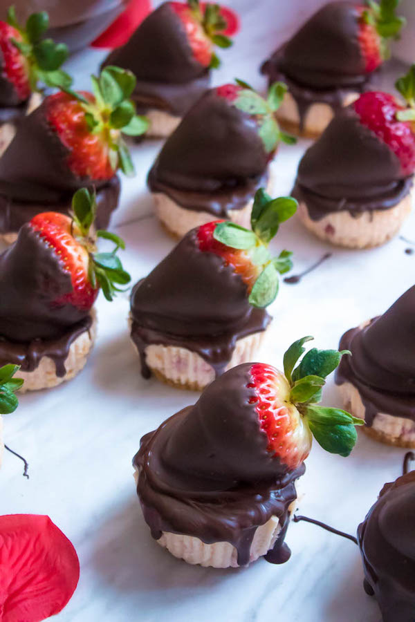 These Mini Chocolate Covered Strawberry Cheesecakes are made with a creamy bite-sized strawberry cheesecake and juicy chocolate covered strawberries. These are the perfect treats to finish off a romantic Valentine's Day dinner!