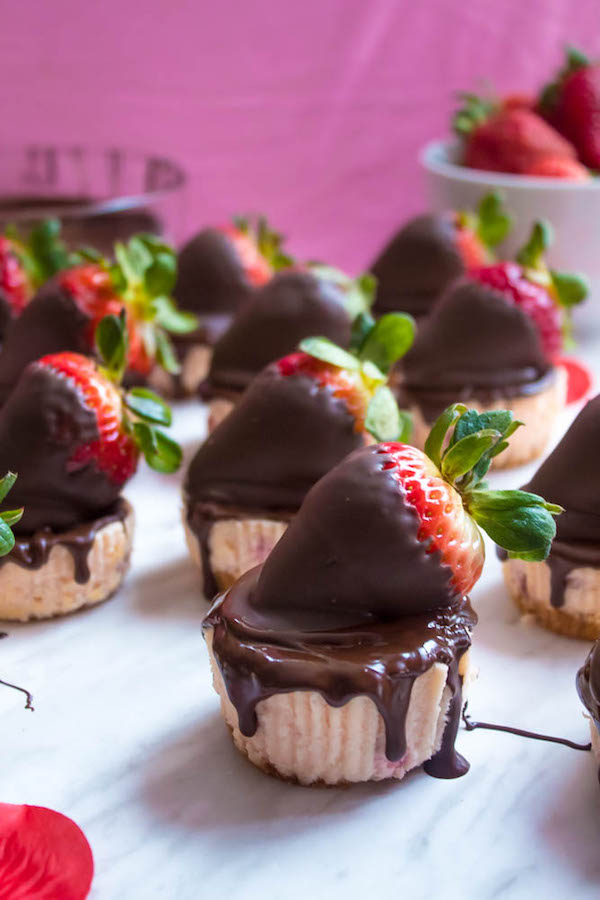 mini chocolate covered strawberry cheesecakes