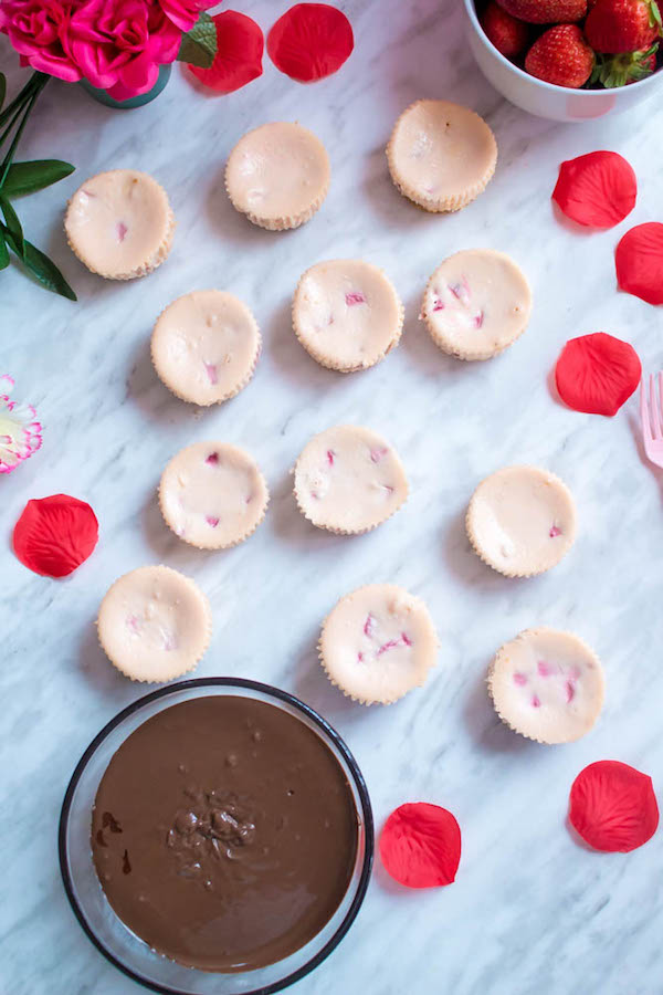 These Mini Chocolate Covered Strawberry Cheesecakes are made with a creamy bite-sized strawberry cheesecake and juicy chocolate covered strawberries. These are the perfect treats to finish off a romantic Valentine's Day dinner!