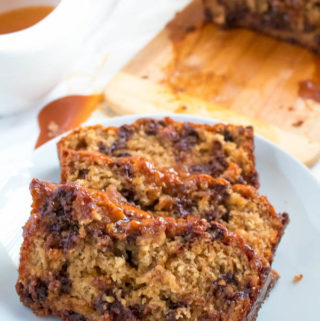 This Salted Caramel Chocolate Chip Banana Bread is soft, moist and fluffy. Packed with chocolate chips and swirled with salted caramel sauce, this banana bread will surely be your new favourite!
