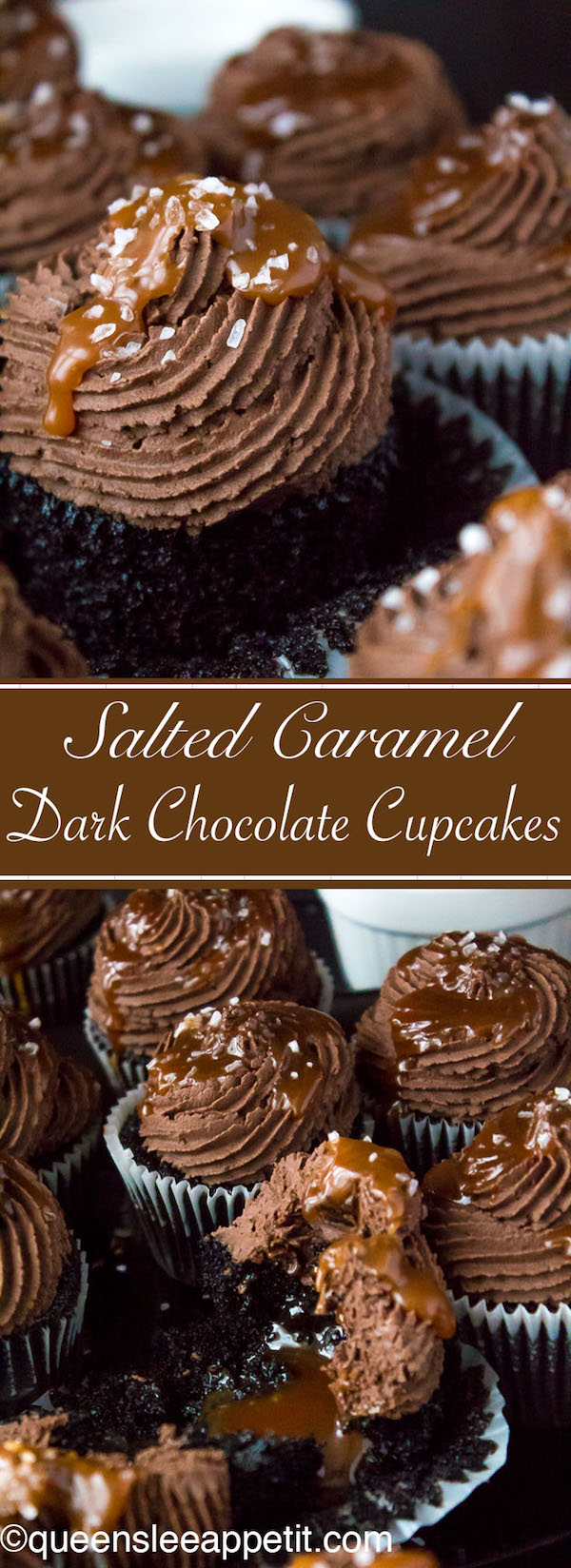 These Salted Caramel Dark Chocolate Cupcakes are made with a moist Dark Chocolate Cake, filled with Salted Caramel Sauce, topped with a rich and decadent Dark Chocolate Buttercream and a sprinkle of sea salt. They're simply irresistible!