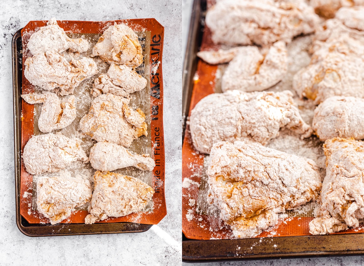 two photos of chicken dipped in flour coating