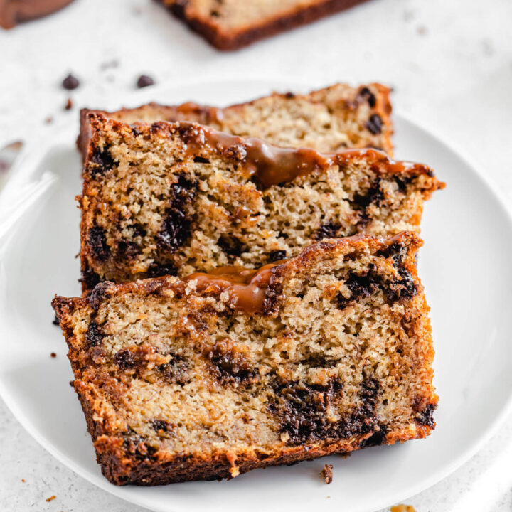 three slices of banana bread on a white plate