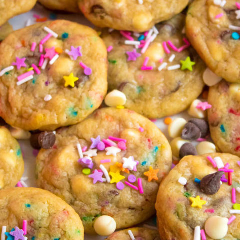 These Funfetti Chocolate Chip Cookies are perfectly soft and chewy. Loaded with two kinds of chocolate chips and rainbow sprinkles — these are the perfect cookies for a celebration!