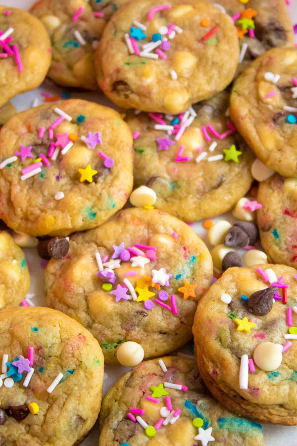 These Funfetti Chocolate Chip Cookies are perfectly soft and chewy. Loaded with two kinds of chocolate chips and rainbow sprinkles — these are the perfect cookies for a celebration!