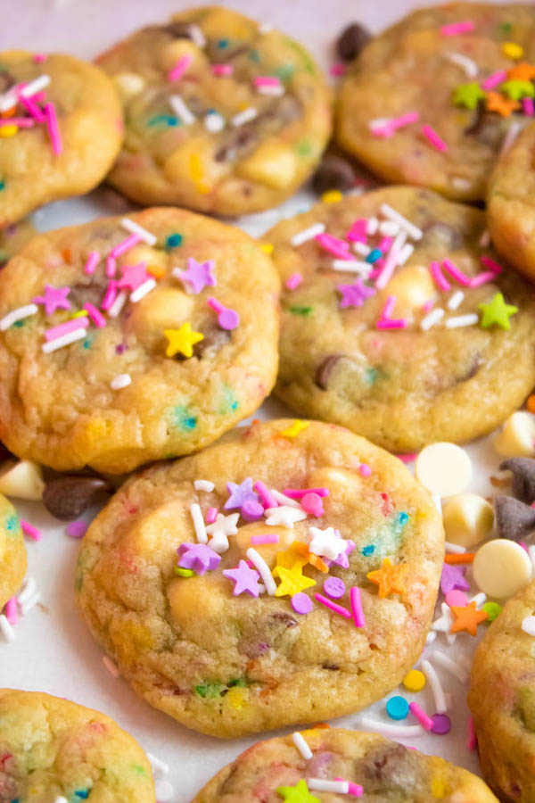 These Funfetti Chocolate Chip Cookies are perfectly soft and chewy. Loaded with two kinds of chocolate chips and rainbow sprinkles — these are the perfect cookies for a celebration!