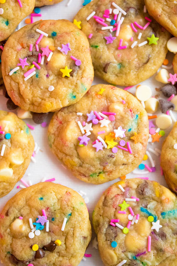 These Funfetti Chocolate Chip Cookies are perfectly soft and chewy. Loaded with two kinds of chocolate chips and rainbow sprinkles — these are the perfect cookies for a celebration!