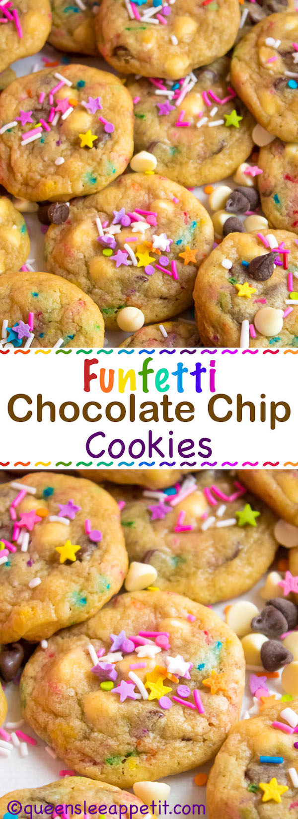 These Funfetti Chocolate Chip Cookies are perfectly soft and chewy. Loaded with two kinds of chocolate chips and rainbow sprinkles — these are the perfect cookies for a celebration!