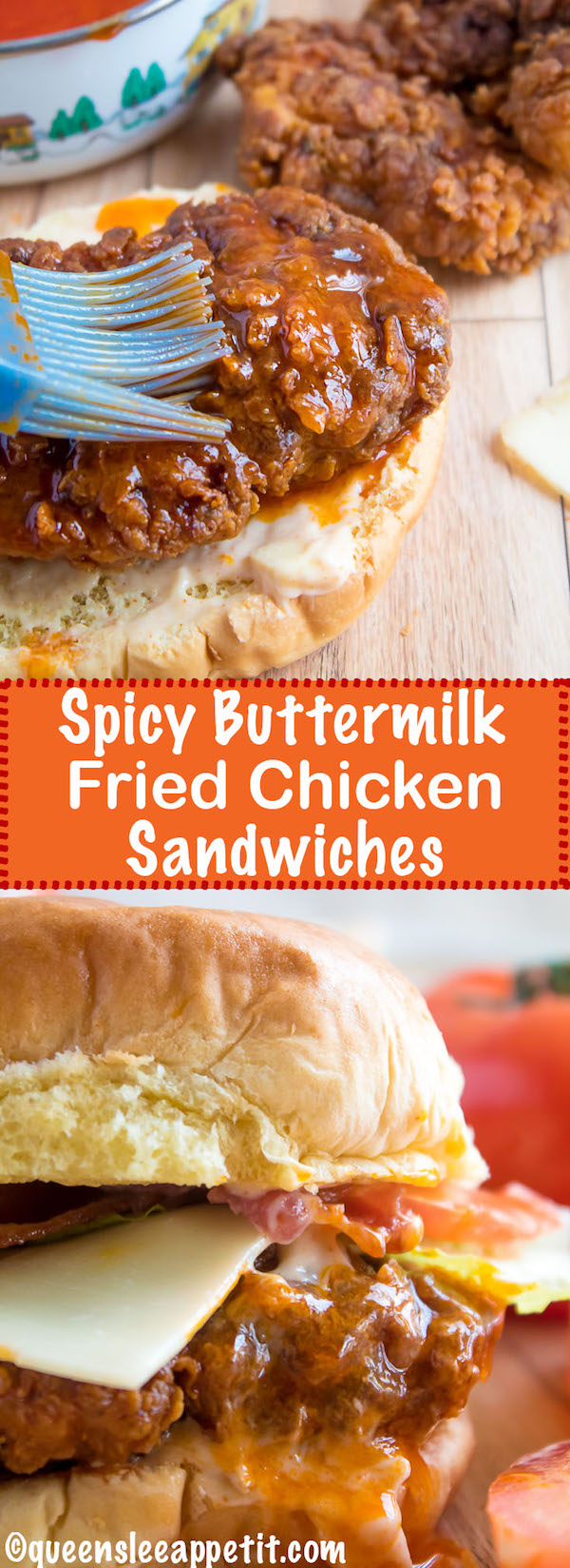 These Spicy Fried Chicken Sandwiches are crispy, juicy and seasoned to perfection. Sandwiched between toasted brioche buns, fresh lettuce, tomatoes, mozzarella, crispy bacon and a flavourful spicy aioli — these fried chicken sandwiches are comfort food at its best!