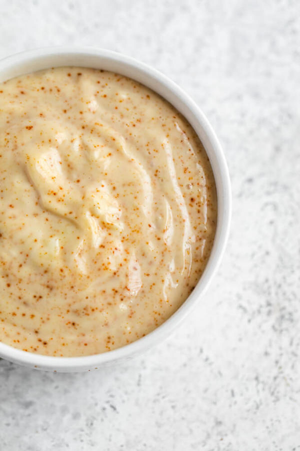 top view of aioli sauce in ramekin