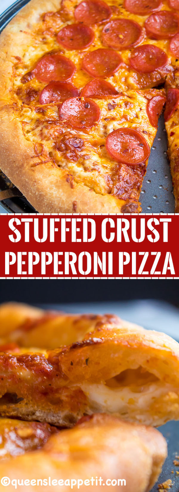 Pizza Night just got a whole lot better! This Homemade Pizza is topped with a flavourful sauce, two types of cheeses and slices of pepperoni. What makes this classic pepperoni pizza so special? The crust is stuffed with cheese!