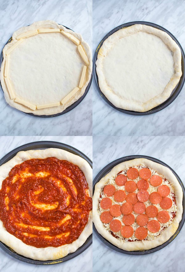 Pizza Night just got a whole lot better! This Homemade Pizza is topped with a flavourful sauce, two types of cheeses and slices of pepperoni. What makes this classic pepperoni pizza so special? The crust is stuffed with cheese!