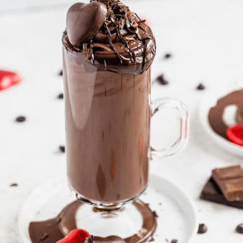 mug of hot chocolate on a white appetizer plate