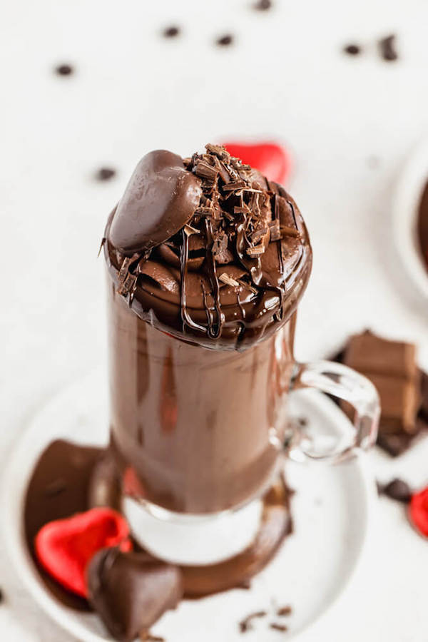 top view of hot chocolate topped with chocolate whipped cream