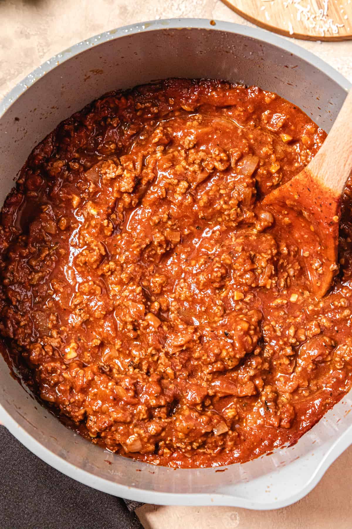 close up of thick spaghetti meat sauce in a large pot