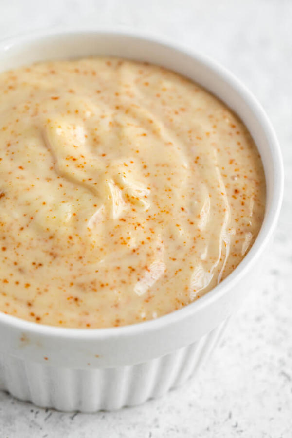 close up of spicy aioli in a ramekin