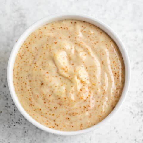 top view of spicy aioli sauce in a ramekin