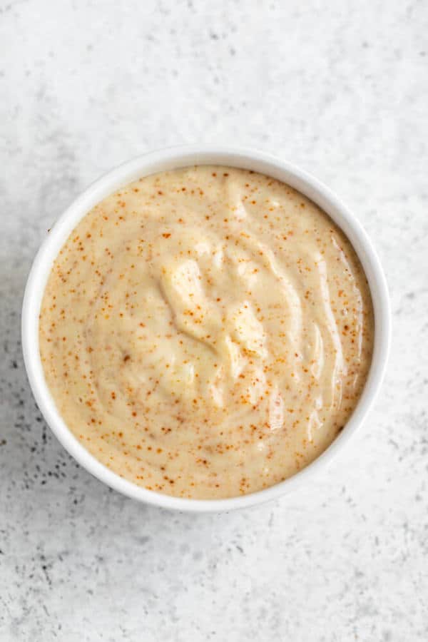 top view of spicy aioli sauce in a ramekin