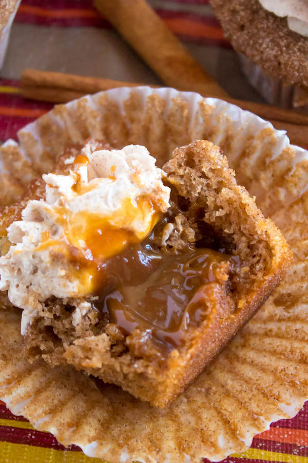 Take your favourite cinnamon/sugar treat and turn it into cupcakes! These Dulce de Leche Churro Cupcakes are a must for Cinco de Mayo! Soft and fluffy cinnamon cupcakes, filled with gooey dulce de leche, dipped in cinnamon sugar, topped with cinnamon buttercream and a dulce de leche filled churro!