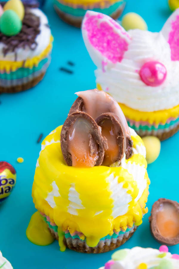 These Mini Easter Cheesecakes are a colourful, fun, festive Easter and Spring treat! Creamy, pastel layered mini cheesecakes topped with yummy Easter candy!