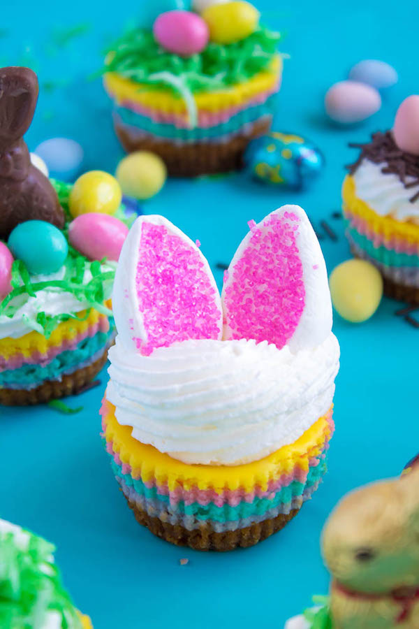 These Mini Easter Cheesecakes are a colourful, fun, festive Easter and Spring treat! Creamy, pastel layered mini cheesecakes topped with yummy Easter candy!