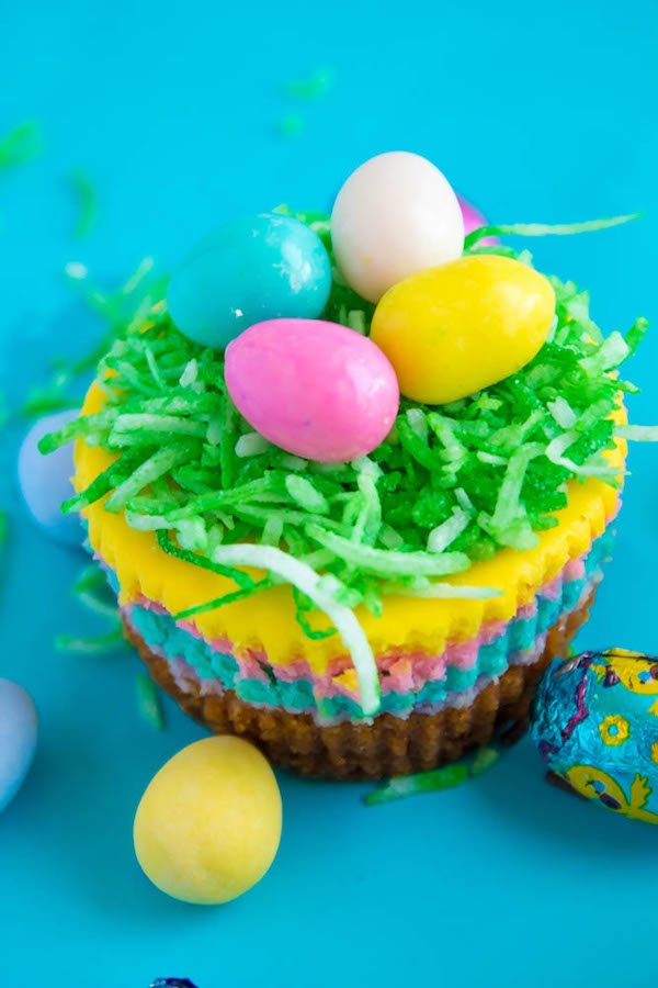 These Mini Easter Cheesecakes are a colourful, fun, festive Easter and Spring treat! Creamy, pastel layered mini cheesecakes topped with yummy Easter candy!