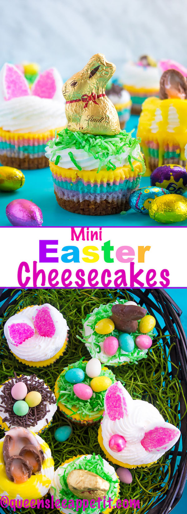 These Mini Easter Cheesecakes are a colourful, fun, festive Easter and Spring treat! Creamy, pastel layered mini cheesecakes topped with yummy Easter candy!