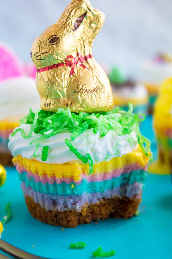 These Mini Easter Cheesecakes are a colourful, fun, festive Easter and Spring treat! Creamy, pastel layered mini cheesecakes topped with yummy Easter candy!