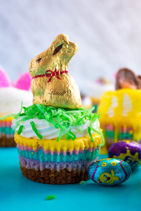 These Mini Easter Cheesecakes are a colourful, fun, festive Easter and Spring treat! Creamy, pastel layered mini cheesecakes topped with yummy Easter candy!