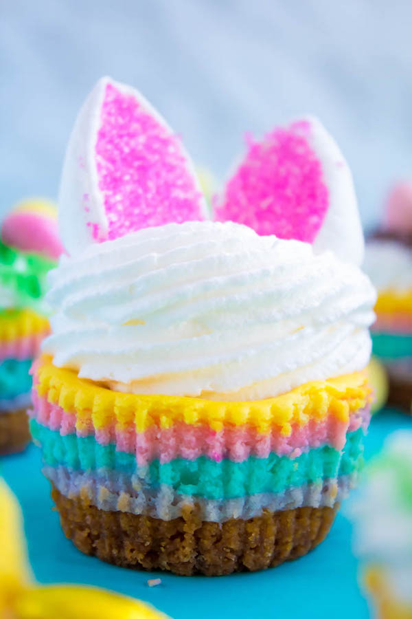 These Mini Easter Cheesecakes are a colourful, fun, festive Easter and Spring treat! Creamy, pastel layered mini cheesecakes topped with yummy Easter candy!