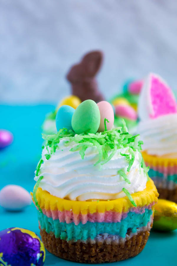 These Mini Easter Cheesecakes are a colourful, fun, festive Easter and Spring treat! Creamy, pastel layered mini cheesecakes topped with yummy Easter candy!