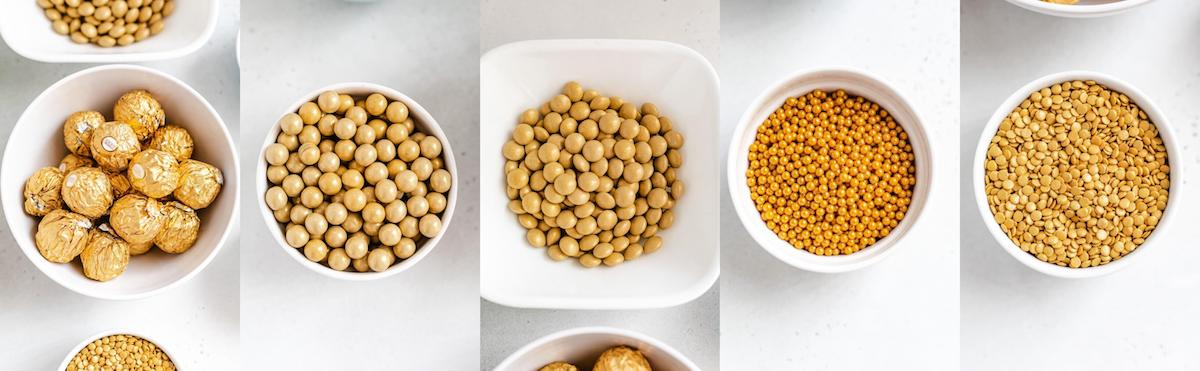 collage of gold candies in white bowls