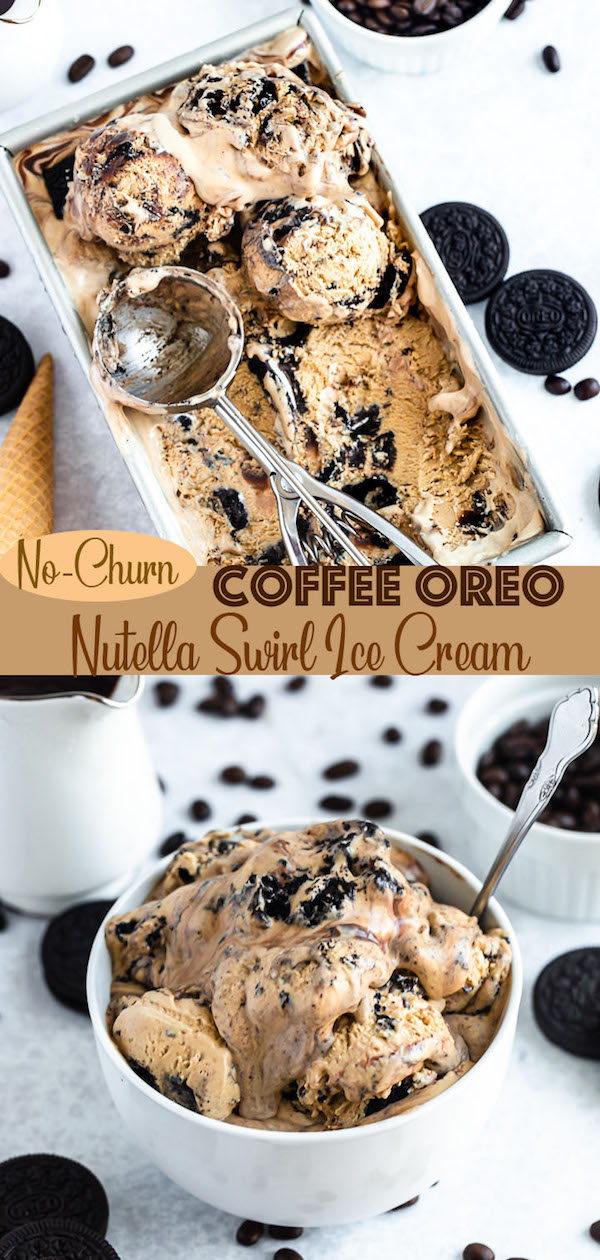 no-churn coffee ice cream with chunks of Oreo and a swirl of Nutella ganache