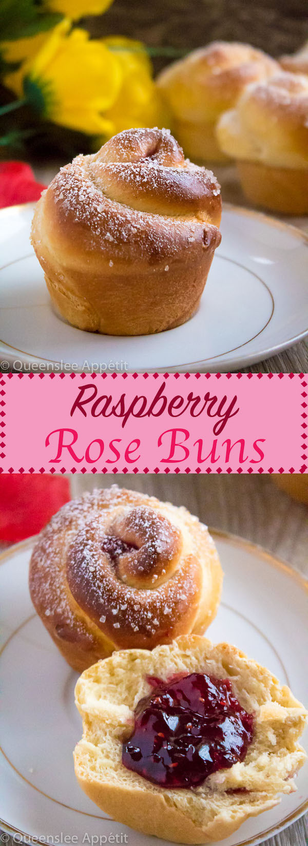 Wake up and smell the rose buns! Soft and fluffy rose-shaped buns filled with sweet raspberry jam. These Raspberry Rose Buns are an easy and gorgeous gift for Mothers Day! 